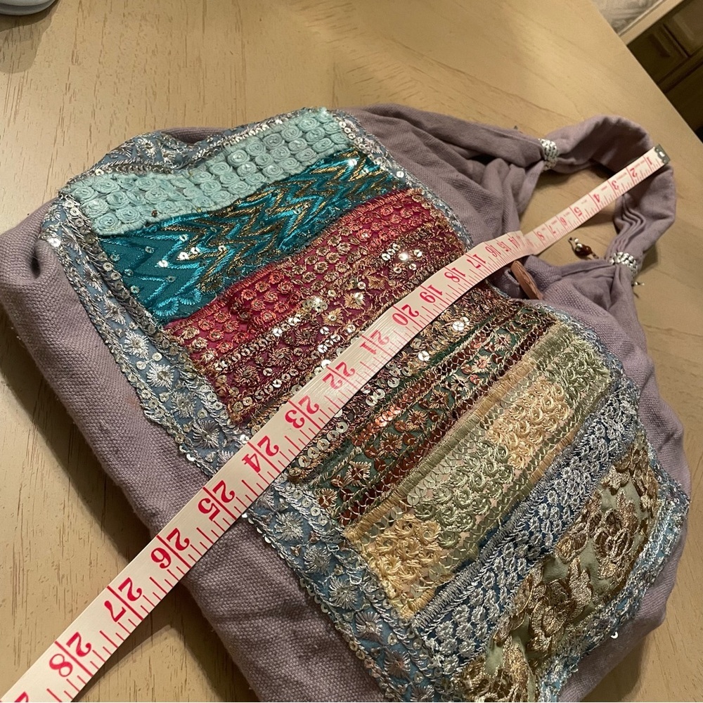 Soft Gray lilac Purple Boho Slouchy Tote with Sequin and Embroidered Details - Picture 11 of 12